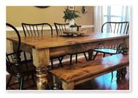 Custom built dining table in the Classic Farmhouse style built by Cattle Bend Woodworks.